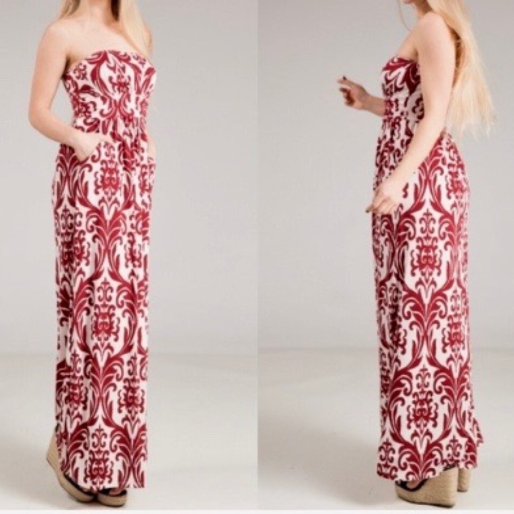 Bandeau Red and White Print Maxi Dress Strapless with ruched bodice. S, M, L